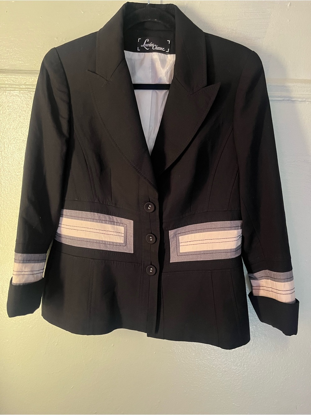 Vintage Lourdes Chavez 100% Wool Black Blazer Jacket Striped Inset Accent.